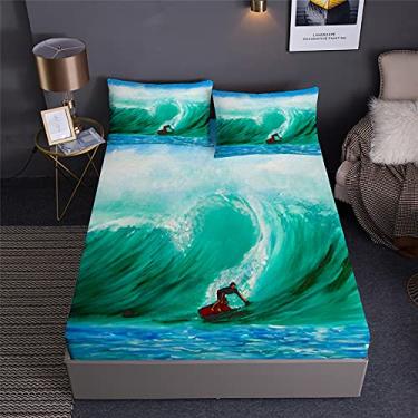 Imagem de Jogo de cama de prancha de surfe com estampa de surfista e desenho animado, 7 peças, incluindo 1 lençol com elástico + 1 edredom + 4 fronhas + 1 lençol de cima (B, cama queen em uma bolsa - 7 peças)