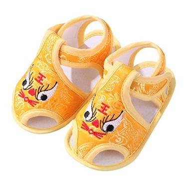 Imagem de Sandálias infantis para bebês tradicionais de ano novo sapatos de caminhada infantil sapatos de caminhada bordados sapatos de cabeça de tigre, Amarelo, 3-6 Meses