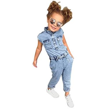 Imagem de Macaquinho jeans infantil sem mangas com botões para bebês meninas, macacão de uma peça com bolsos, Azul, 5-6 anos