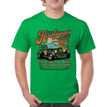 Imagem de Camiseta masculina Hooligan's Irish Speed Shop Dia de São Patrício Vintage Hot Rod Shamrock St Patty's Beer Festival, Verde, GG