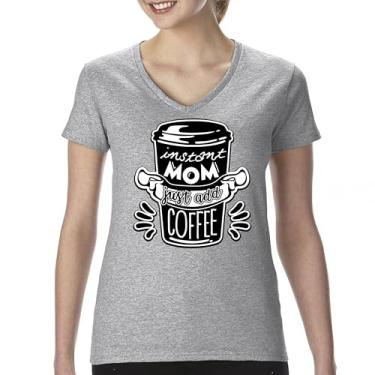 Imagem de Camiseta feminina Instant Mom Just Add Coffee gola V Dia das Mães Vida da Mãe, Cinza, P