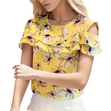 Imagem de Blusas femininas modernas estampadas para sair com manga curta Y2K blusas de chiffon de verão camisetas florais túnica formal, Amarelo, G