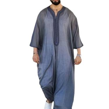 Imagem de MANYUBEI Roupão muçulmano masculino, roupas étnicas do Oriente Médio, decote em V, camisa longa bordada de linho fino, Cinza, G
