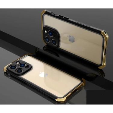Imagem de Capa de telefone de metal de alumínio para iPhone 11 13 14 Pro Max Proteção contra quedas Estrutura de metal Capa traseira de vidro para iPhone XS MAX XR 7 8 Plus, dourada, para iPhone 14 Pro