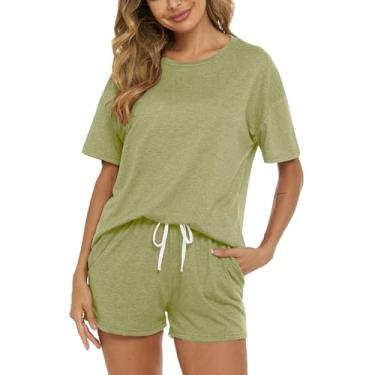 Imagem de LOCUBE Conjunto de pijama feminino pijama de manga curta e shorts com bolsos, Amarelo, verde, P