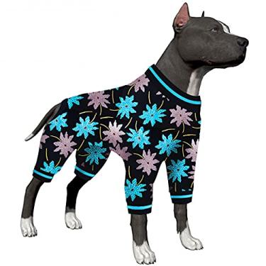 Imagem de LovinPet Body de cachorro grande para cadelas – camiseta com capuz para cães, tecido elástico, estampa de folha preta/turquesa, pijama grande para recuperação de cirurgia, macacão adorável fácil de