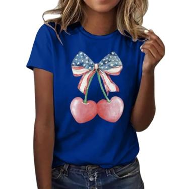 Imagem de Camiseta feminina Dia da Independência com estampa de laço de cereja e coração blusa de manga curta gola redonda 4 de julho, Azul, P