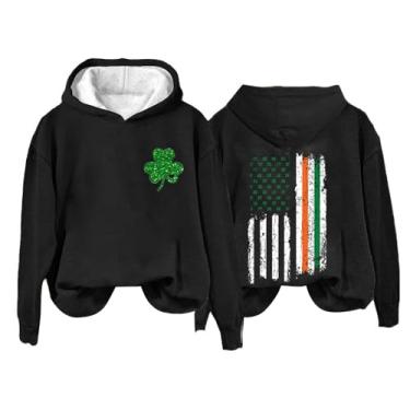 Imagem de Camiseta feminina do Dia de São Patrício com estampa da bandeira americana Shamrock Green Irish Day Moletom moderno irlandês, Preto, P