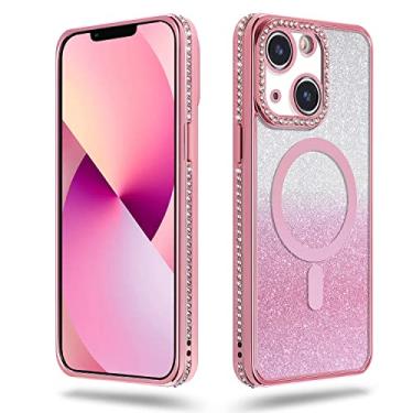 Imagem de CEUTUE Capa para iPhone 13 Luxuosa Gradiente Magnético, Brilhante, Capa Transparente com Strass com MagSafe para Mulheres Meninas Bling Sparkle Diamond Phone Cases 13 6,1 polegadas (ouro rosa)