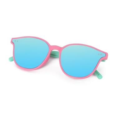 Imagem de Aofalbe Óculos de sol para crianças, óculos de sol espelhados para meninas e meninos UV400 para crianças de 3 a 10 anos, Lente azul com armação rosa infantil, Medium to Large