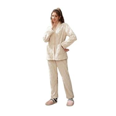 Imagem de LUBOSE Pijamas femininos confortáveis, conjunto de pijamas femininos, pijamas femininos de veludo coral, pijamas térmicos femininos, dois conjuntos de pijamas femininos, Bege8, M