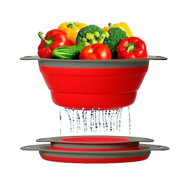 Imagem de Conjunto de 2 coadores de cozinha definitivos – Escorredores dobráveis de silicone para fácil armazenamento da Comfify – Use com macarrão e vegetais ou como tigela de frutas ou bagas com coador – Insubstituível para campistas – Vermelho