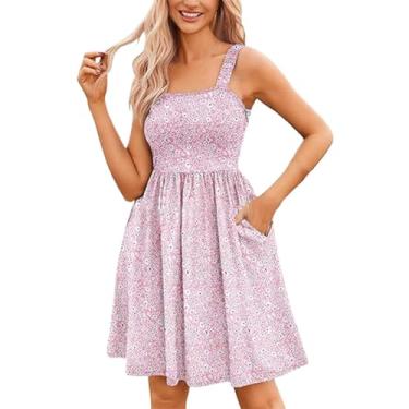 Imagem de Vestido feminino fashion casual verão decote quadrado alça floral vestidos vintage para mulheres, rosa, M