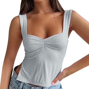Imagem de Camiseta regata feminina gola quadrada sem mangas slim fit cor sólida fenda lateral sexy verão sair, Z1 - Cinza, P