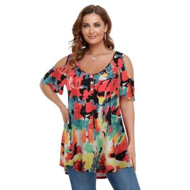 Imagem de LARACE Camisetas femininas com ombro vazado, gola V, manga curta, roupas de verão, túnica de botão, A multicolorido., 1X