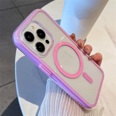Imagem de Capa magnética de carregamento sem fio transparente luxuosa para iPhone 15 13 14 Pro Max Hybrid Color Bumper Clear Hard Case, rosa rosa, para iPhone 14 Pro