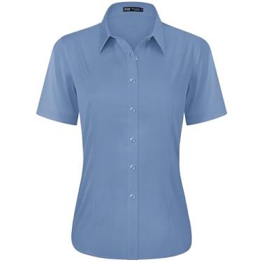 Imagem de J.VER Camisa social feminina casual elástica de manga curta fácil de cuidar, Cinza e azul, P