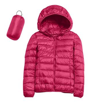 Imagem de Jaqueta feminina acolchoada embalável, leve, curta, de inverno, moderno, slim fit, jaqueta acolchoada leve com capuz, 1 rosa quente, G