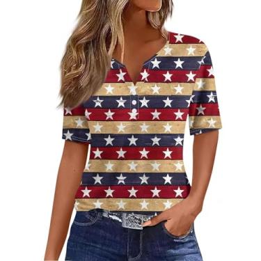 Imagem de Camiseta feminina bandeira americana 4th of July Stars Stripes Graphic Tops Independence Day Blusas gola V Túnica Presente, rosa, G