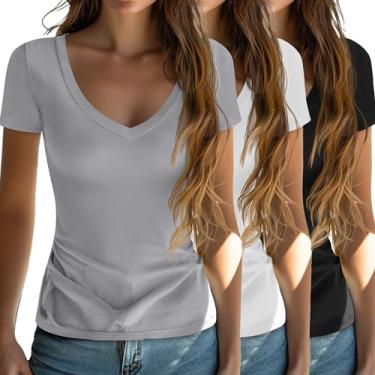 Imagem de Huukeay Pacote com 3 camisetas femininas com gola V profunda slim verão básico de manga curta 2024 camiseta de malha casual justa, Preto, branco, cinza claro, GG
