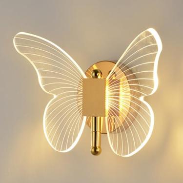 Imagem de Arandela de parede dourada para decoração interna Acrílico criativo luminária de parede com abajur em forma de borboleta, lâmpadas de parede LED 4W para corredor de cabeceira de quarto inter