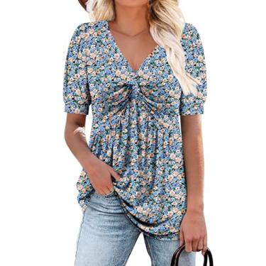 Imagem de ONLYSHE Camisetas femininas com gola V, manga curta, nó frontal, casual, lisa e floral, túnica Henley de verão, 3-b-laranja-azul, M