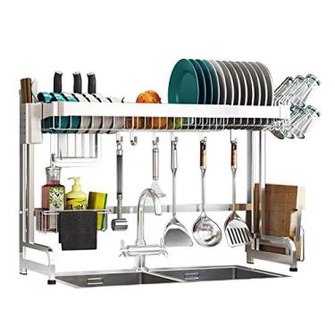 Imagem de Escorredor de pratos sobre a pia – escorredor de pratos grande ajustável para organizador de cozinha, prateleira economizadora de espaço com suporte de utensílios e 5 ganchos móveis, aço inoxidável