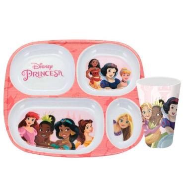 Imagem de Kit Refeição Infantil Princesas Disney 2 Peças Prato Divisória e Copo Melamina - Tuut