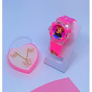 Imagem de Kit Relógio Digital Pisca Luz Colorido Toca Musica Princesa Disney + C