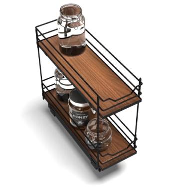 Imagem de Home Zone Living Organizador de armário de cozinha com duas camadas de armazenamento, 19 cm L x 50 cm P, preto fosco com acabamento em madeira marrom escuro, coleção Virtuoso