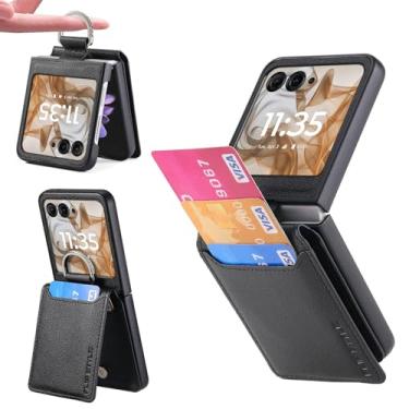 Imagem de Compatível com Motorola Razr 2024 capa carteira com porta-cartão, capa protetora de couro PU de luxo mulher homem suporte cobertura total bolso anel capa para Moto Razr 2024, Moto Razr 50 preto