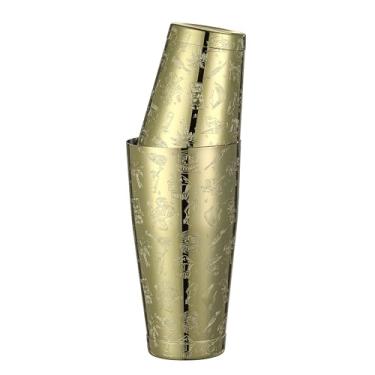 Imagem de Coqueteleira Boston pesada gravada com imagens Tiki (gráfico Tiki dourado)