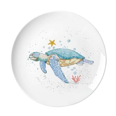Imagem de Prato de sobremesa e bolo de cerâmica com estampa de animais marinhos pintados à mão - Tartaruga marinha - 15 cm