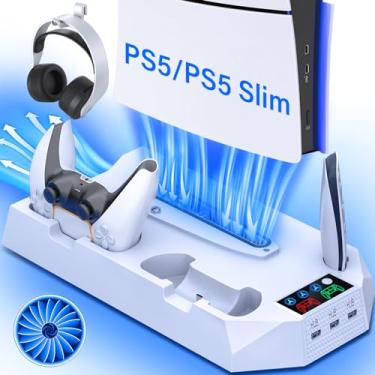 Imagem de Suporte fino para PS5 e estação de resfriamento para console PS5 e PlayStation 5 Slim Cooling Stand para PS5 Disc/Edição Digital Dual PS5 Controller Charger Base Acessório PS5 Turbo Fan/3 Hub