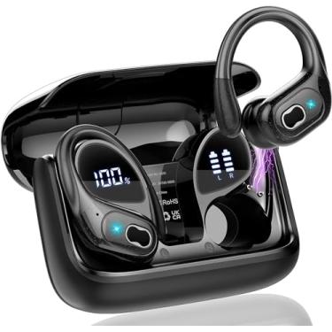 Imagem de Fones de ouvido esportivos sem fio, 75H Bluetooth 5.3 HiFi Stereo Headphones com microfone HD, cancelamento de ruído ENC, tela dupla de LED, fones de ouvido sem fio à prova d'água IPX7 para corrida