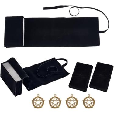 Imagem de DELORIGIN 4Pcs Velvet Tarot Bags with 4 Tibetan Style Alloy Pendants,Tarot Rune Cube Wrap Pouches Tarot Cards Storage Cloth Holder Jewellery Bag for Tarot Oracle Decks Tarot Card Holder (Black)