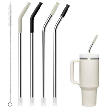 Imagem de Soledea Canudos de aço inoxidável com pontas de silicone para copo de 1,18 L, substituição de canudo para Stanley Adventure Quencher (creme + preto)