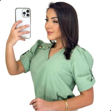 Imagem de Blusa Feminina Evangélica Social Linho Gola V Com Botões - LOOK MODAS 