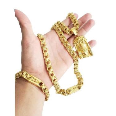 Imagem de Kit Cordão Pulseira Pingente Banhado a Ouro 18K Friso 12mm - Vip Jóias