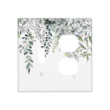 Imagem de Spshian Capas decorativas para tomada rústica verde sálvia branca folhas de eucalipto 2 gangues capa de placa de parede interruptor duplo combo dois interruptores de luz placa de cobertura jumbo