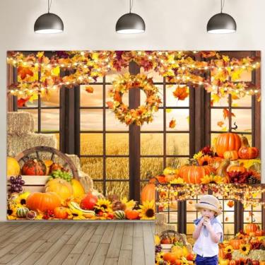 Imagem de Caaerttply Pano de fundo de outono de ação de graças para fotografia janela de outono colheita de abóbora pano de fundo de 3 x 2,4 m folhas de bordo palheiro campo de trigo colheita fundo festa de aniversário evento adereços de estúdio faixa