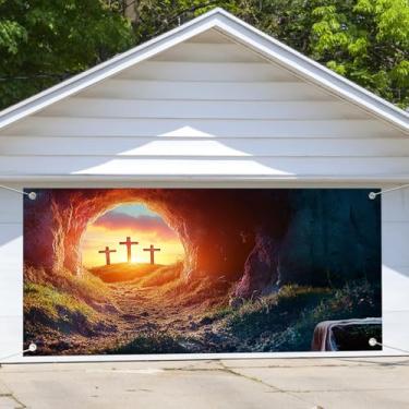 Imagem de Tecido Ressurreição de Jesus Cristo Fundo Porta de Garagem Tumba Vazia Três Cruzes Pôr do Sol Sagrado na Montanha Fundo Bíblia Rezar Igreja Religiosa Cristã Decoração Festa Banner 40,6 x 1,8 m