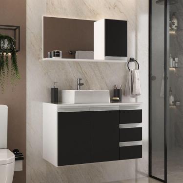 Imagem de Conjunto Gabinete Banheiro Prisma 80cm Gabinete + Cuba + Espelheira Com Vidro Branco Preto