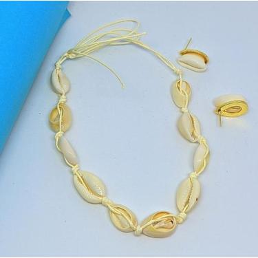 Imagem de Kit Colar Choker Feminino e Par de Brincos Folheado Antialérgico Conch