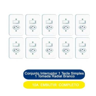 Imagem de Kit 10 Conjunto Interruptor 1 Tecla Simples 1 Tomada 10A Embutir Radia
