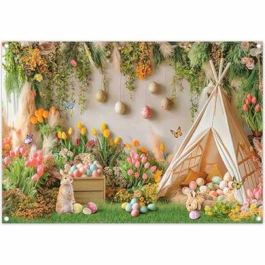 Imagem de ZTHMOE Tecido 2,1 x 1,5 m Primavera Páscoa Tenda Pano de Fundo Fotográfico Coelhinho Ovos Grama Verde Flores Fundo Floral Decoração Festa Infantil Festival Foto Banner Cabine