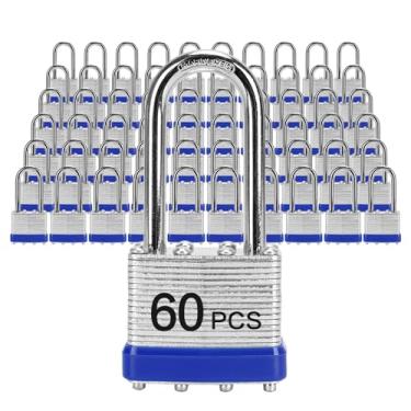 Imagem de Cadeados com a mesma chave, LQYN 60 peças de cadeado laminado com chave (1-9/16 polegadas, 40 mm), fechaduras semelhantes com chave, manilha longa, para armário de armazenamento, trava de ferrolho,