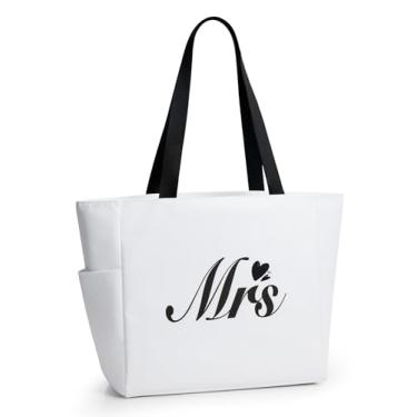 Imagem de KALIDI Sacola de praia personalizada, bolsa de compras com zíper inicial do alfabeto para mãe, professora, amiga, casamento, compras diárias, Bege - Mrs, Large