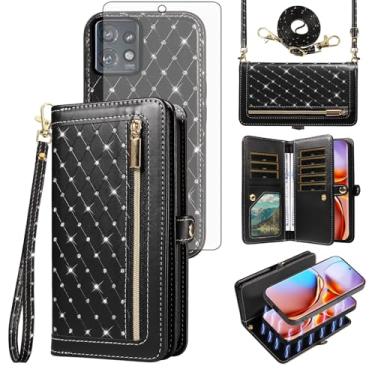 Imagem de Capa de celular para Motorola Edge+ Plus 2023/Edge 40 Pro 5G/Moto X40 Carteira com zíper destacável com protetor de tela, alça transversal com cordão com glitter, suporte para cartão de crédito X +