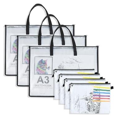 Imagem de TOTiyea bolsa para portfólio de arte com alça e conjunto de zíper, 15,75 x 21,65 polegadas 3 peças e 9,25 x 12,6 polegadas 4 peças, bolsa grande transparente à prova d'água para armazenament